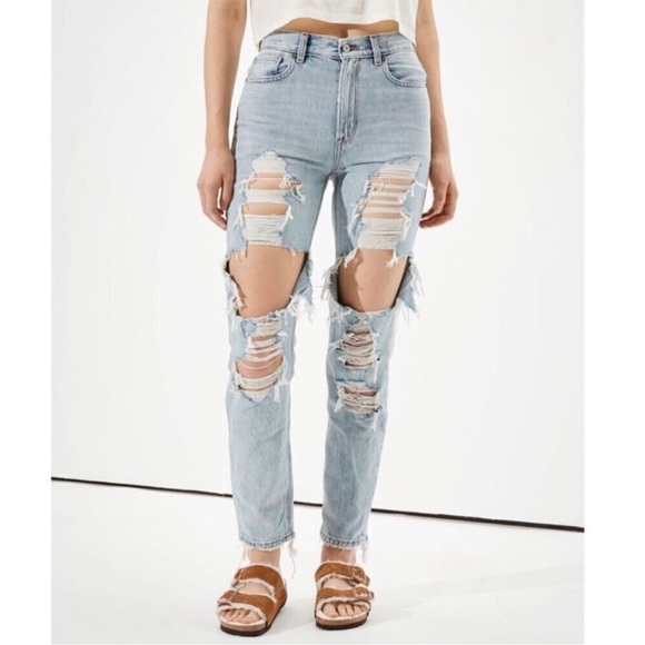 American Eagle Outfitters Denim - NEW American Eagle High Rise Mom Jeans Distressed Blown Out Blue 100% Cotton 2